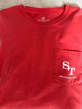 Southern Tide Bright Coral  Pocket Tee with White ST Logo